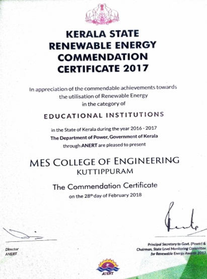Evidence of Success - Kerala State Renewable Energy Awards 2017 Commendation Certificate